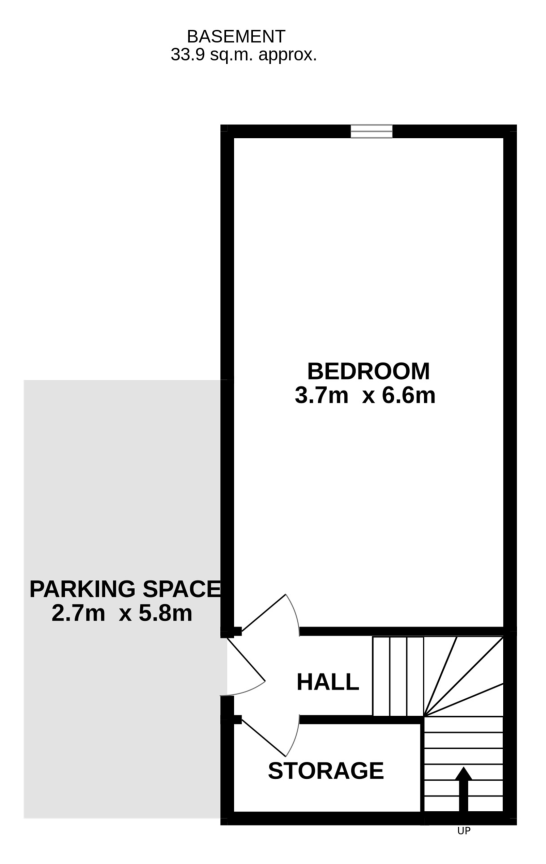 Basement floor plan: bedroom 3.7 by 6.6 metres, hall, storage and a 2.7 by 5.8 metre parking space