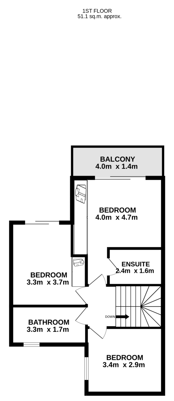 First floor plan: three bedrooms, en-suite, bathroom and a 4.0 by 1.4 metre balcony