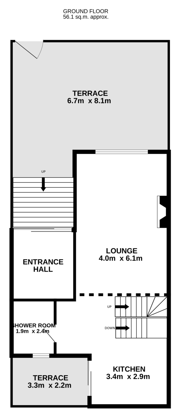Ground floor plan: entrance hall, lounge 4.0 by 6.1 metres, kitchen 3.4 by 2.9 metres, shower room and two terraces
